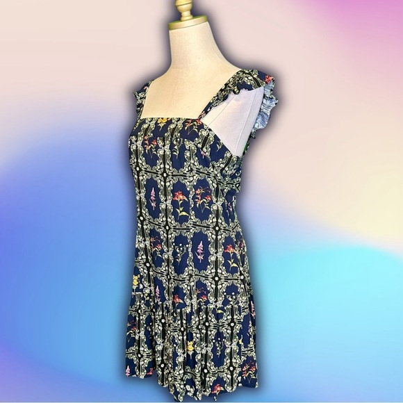 Agua Bendita for Target Navy Blue Floral Tile Print Ruffled Mini Dress Size S - Picture 8 of 16